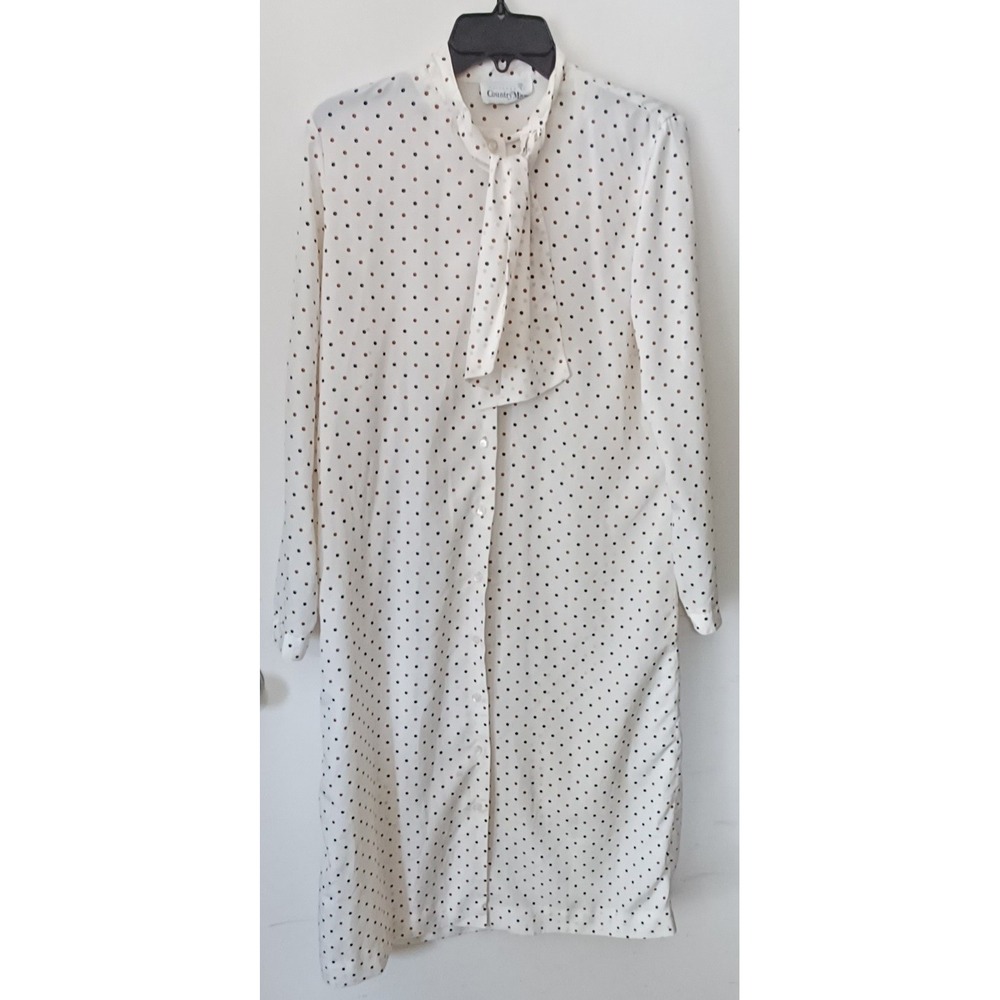 Country Miss Shirt Dress Women 12 Cream Polka Dot Tie Neck Vintage 70s Secretary